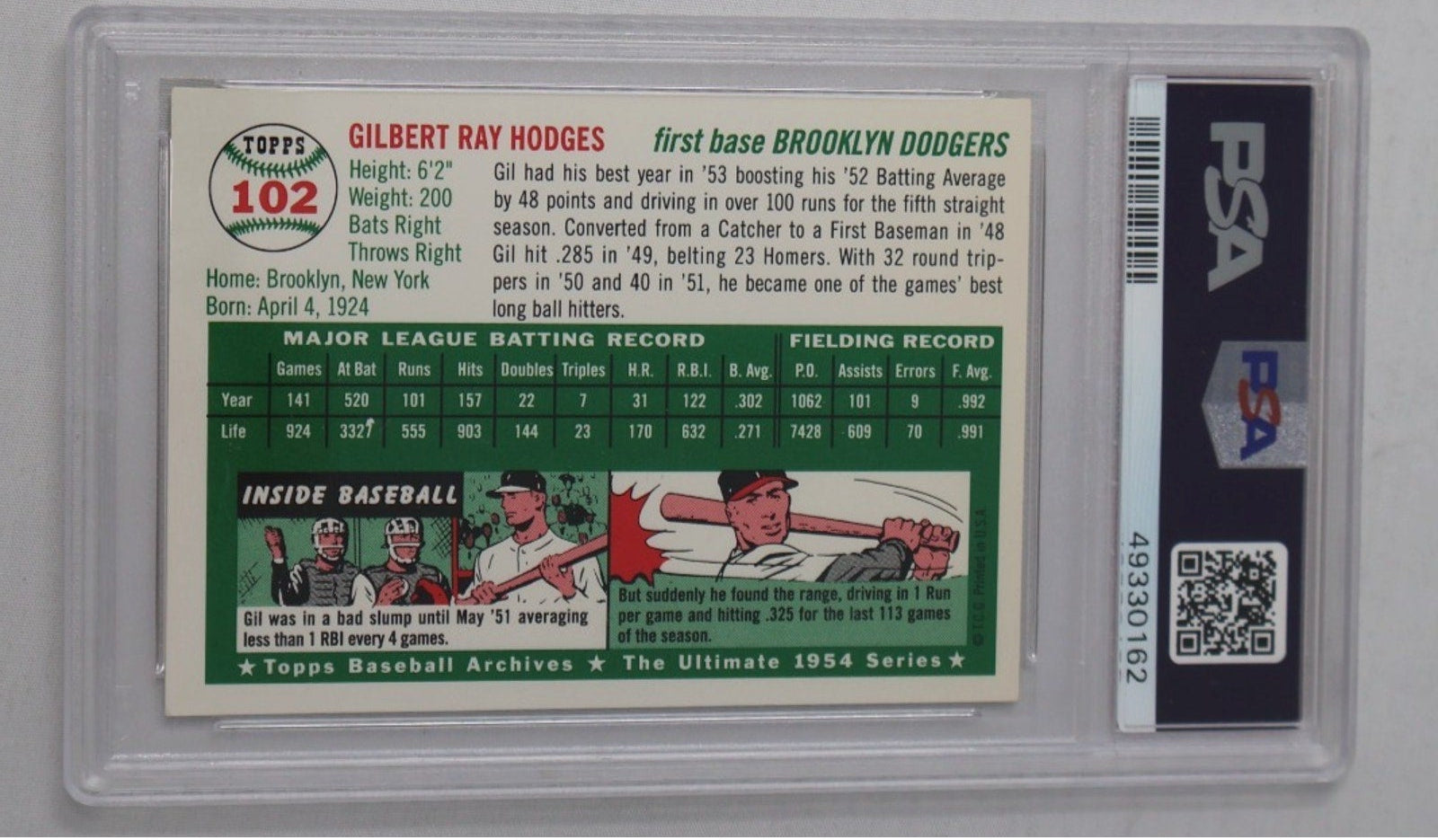 Back view of PSA 6 graded 1994 Topps Archives 1954 Reprint Gil Hodges baseball card #102