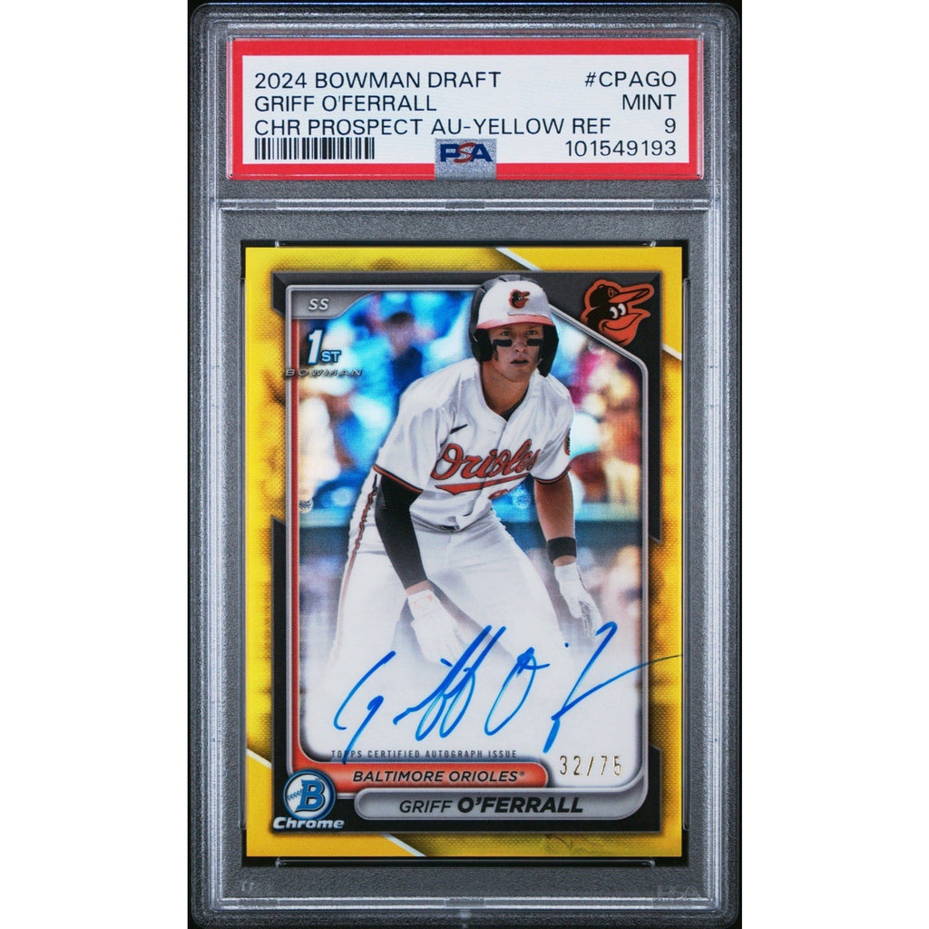 Front view of a 2024 Bowman Draft Griff O'Ferrall 1st Bowman Yellow Refractor autograph card numbered 12/75 and graded PSA 9