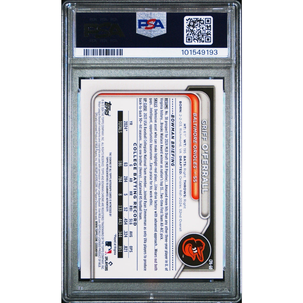 Back view of the Griff O'Ferrall 2024 Bowman Draft Yellow Refractor Auto card inside PSA slab showing player details and PSA certification information