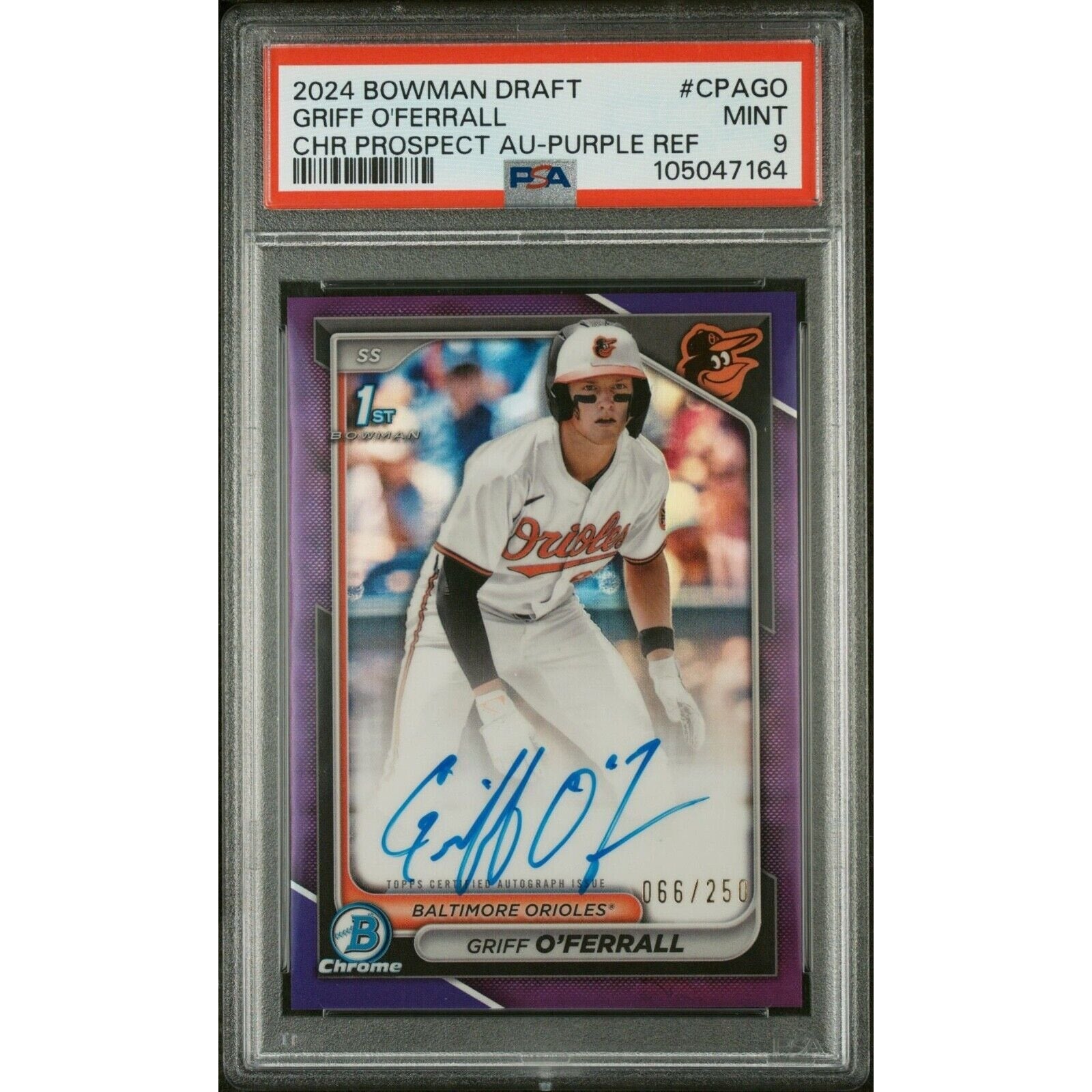 2024 Bowman Draft Griff O'Ferrall 1st Purple Refractor autograph rookie card #CPA-GO /250 PSA 9 Baltimore Orioles front view