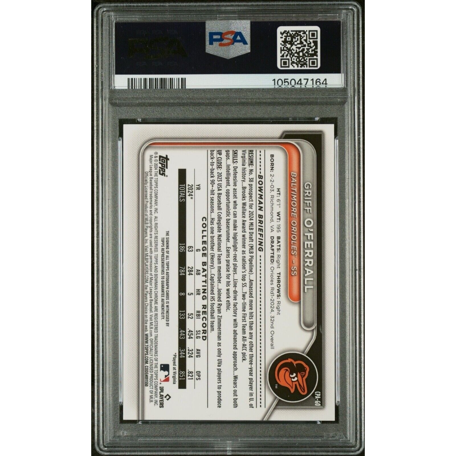 Back view of 2024 Bowman Draft Griff O'Ferrall Purple Refractor auto baseball card graded PSA 9 numbered to 250