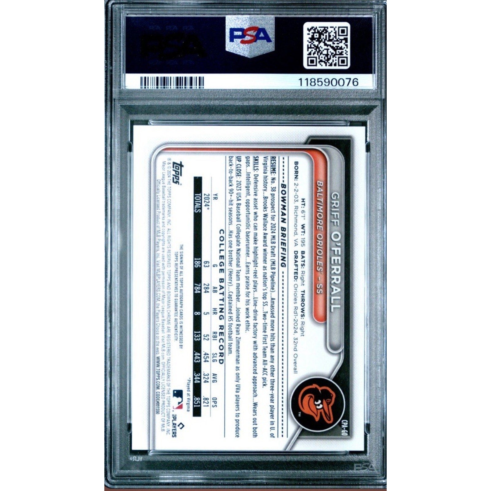 Back view of 2024 Bowman Draft Griff O’Ferrall Orange Sapphire auto baseball card graded PSA 10 for Orioles collectors