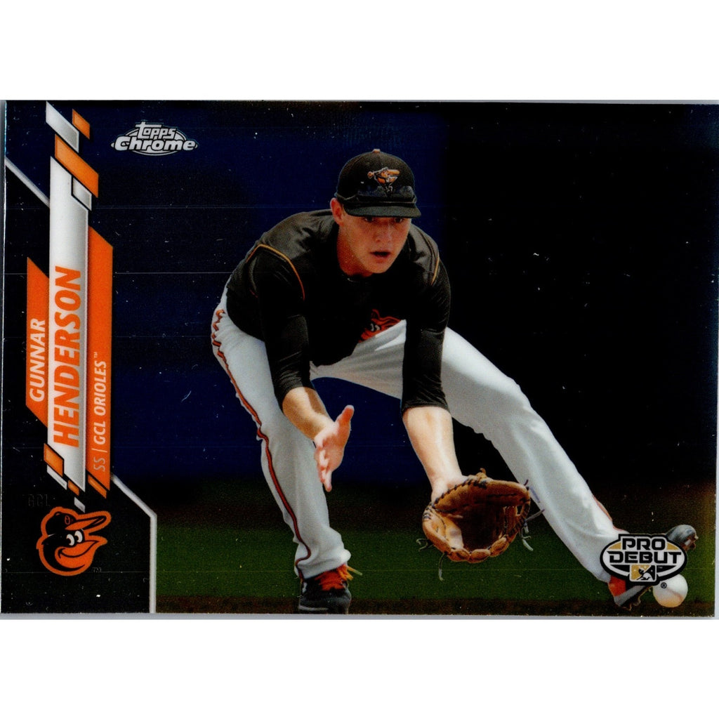 Front view of a 2020 Topps Chrome Pro Debut Gunnar Henderson #PDC-171 baseball card featuring Henderson fielding in his Baltimore Orioles minor league uniform