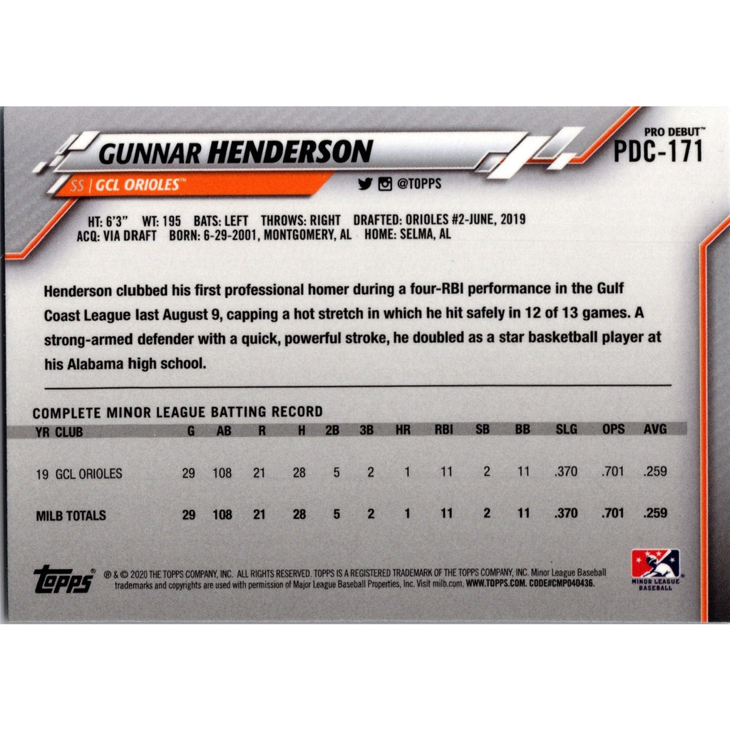 Back view of the 2020 Topps Chrome Pro Debut Gunnar Henderson card showing player statistics, prospect information, and Topps card details