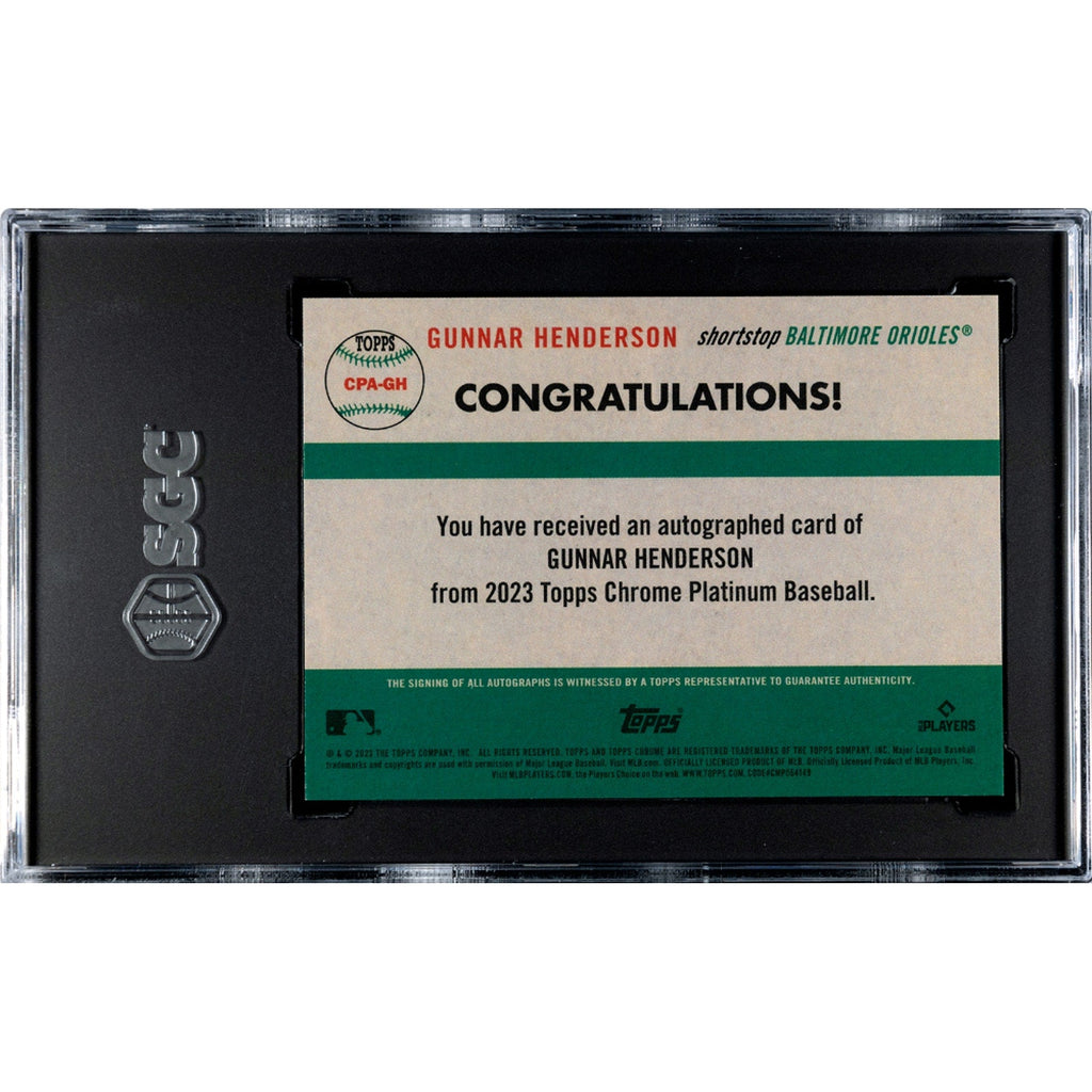 Back of SGC-graded Gunnar Henderson autographed Topps Chrome Platinum Anniversary card with authentication details