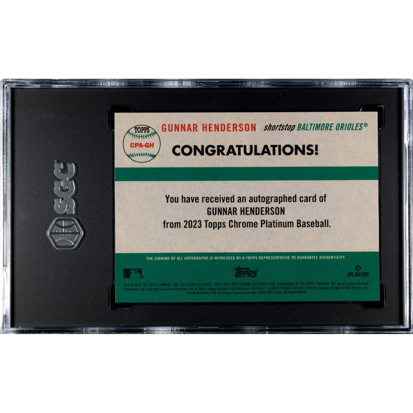 Back of SGC-graded Gunnar Henderson autographed Topps Chrome Platinum Anniversary card with authentication details