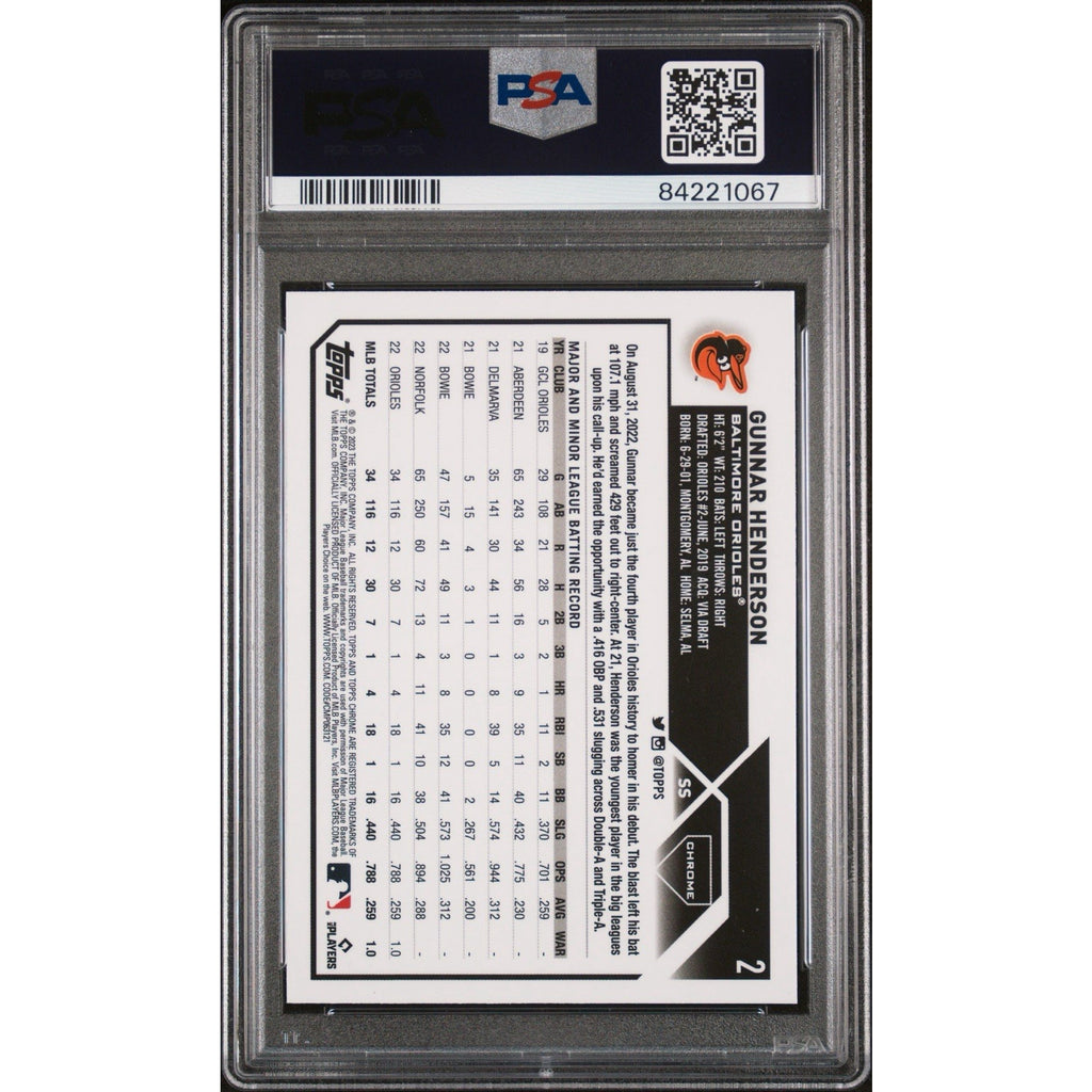 Back of Gunnar Henderson 2023 Topps Chrome X-Fractor rookie card graded PSA 10