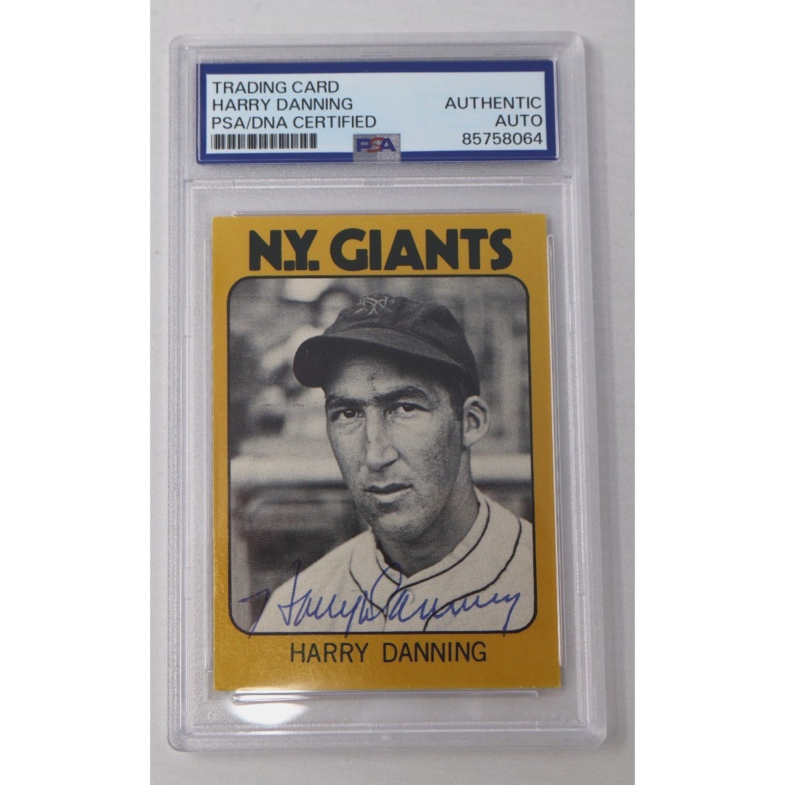 Front view of a signed Harry Danning 1980 TCMA baseball card featuring the former New York Giants catcher with blue ink autograph, authenticated and slabbed by PSA