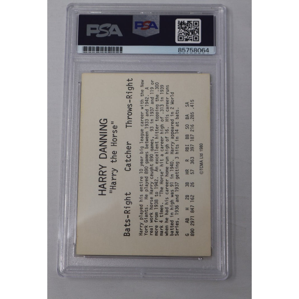 Back view of the Harry Danning 1980 TCMA autographed card inside PSA holder showing player biography, card details, and PSA authentication information