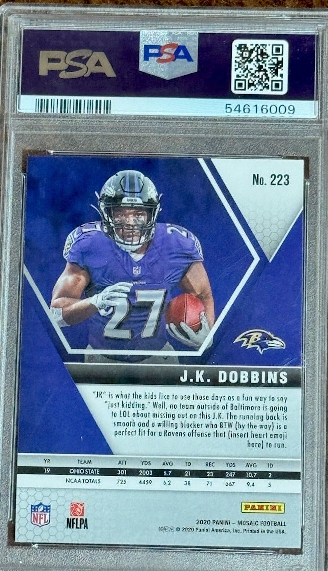 2020 Panini Mosaic JK Dobbins Rookie PSA 9 Baltimore Ravens #223 NFL