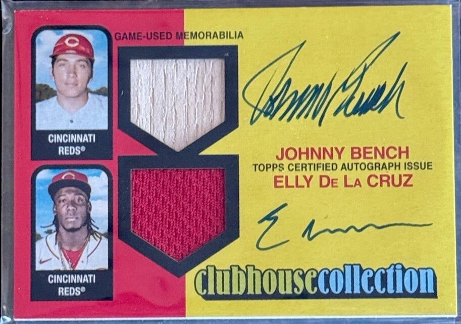 2024 Topps Heritage Clubhouse Dual Auto Relic Johnny Bench Elly De La Cruz /10