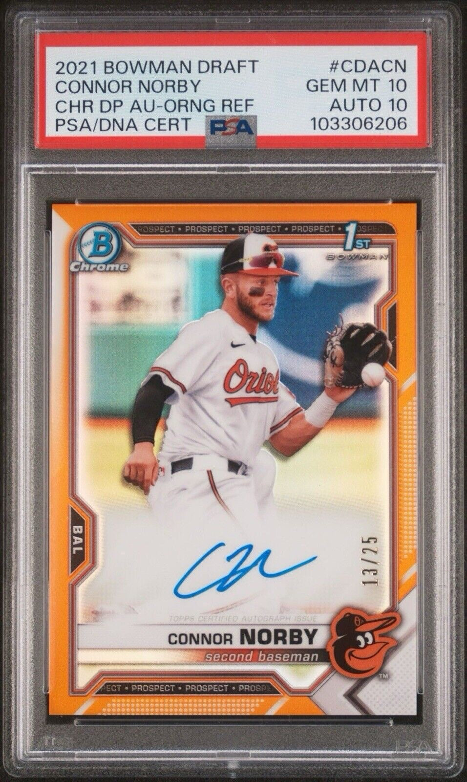 2021 Bowman Draft CONNOR NORBY Orange Refractor Auto /25 PSA 10 #CDA-CN Rookie