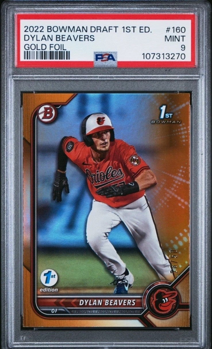 2022 Dylan Beavers Bowman Draft 1st Edition Gold Foil /50 PSA 9 #160 Rookie