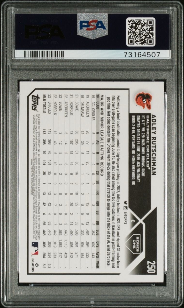 2023 Topps Adley Rutschman RC PSA 9 Mint Orioles #250 Rookie Baseball Catcher