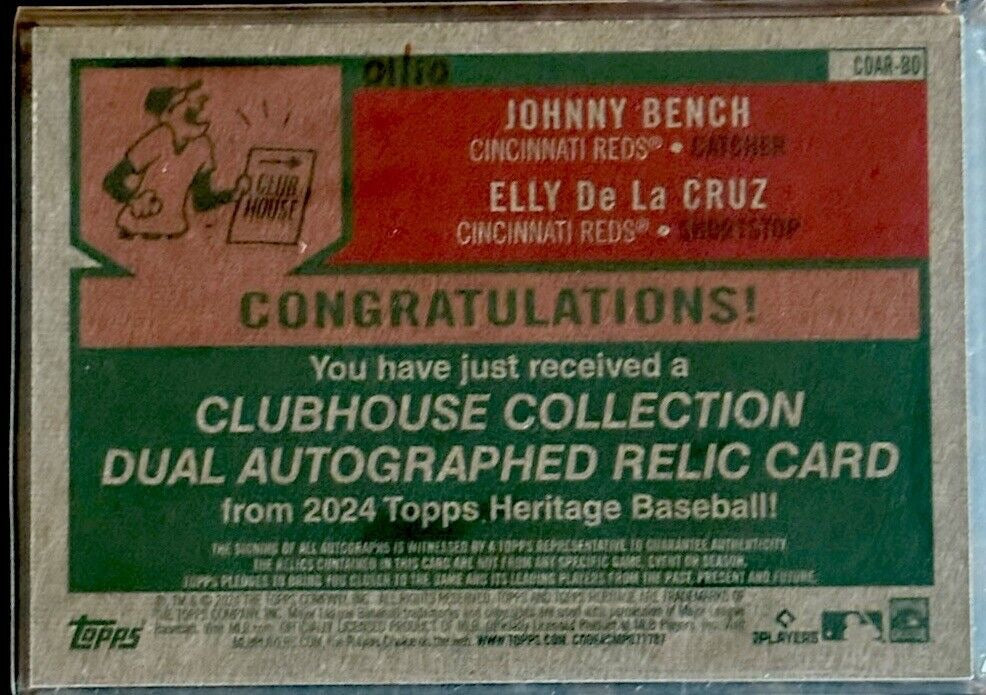 2024 Topps Heritage Clubhouse Dual Auto Relic Johnny Bench Elly De La Cruz /10