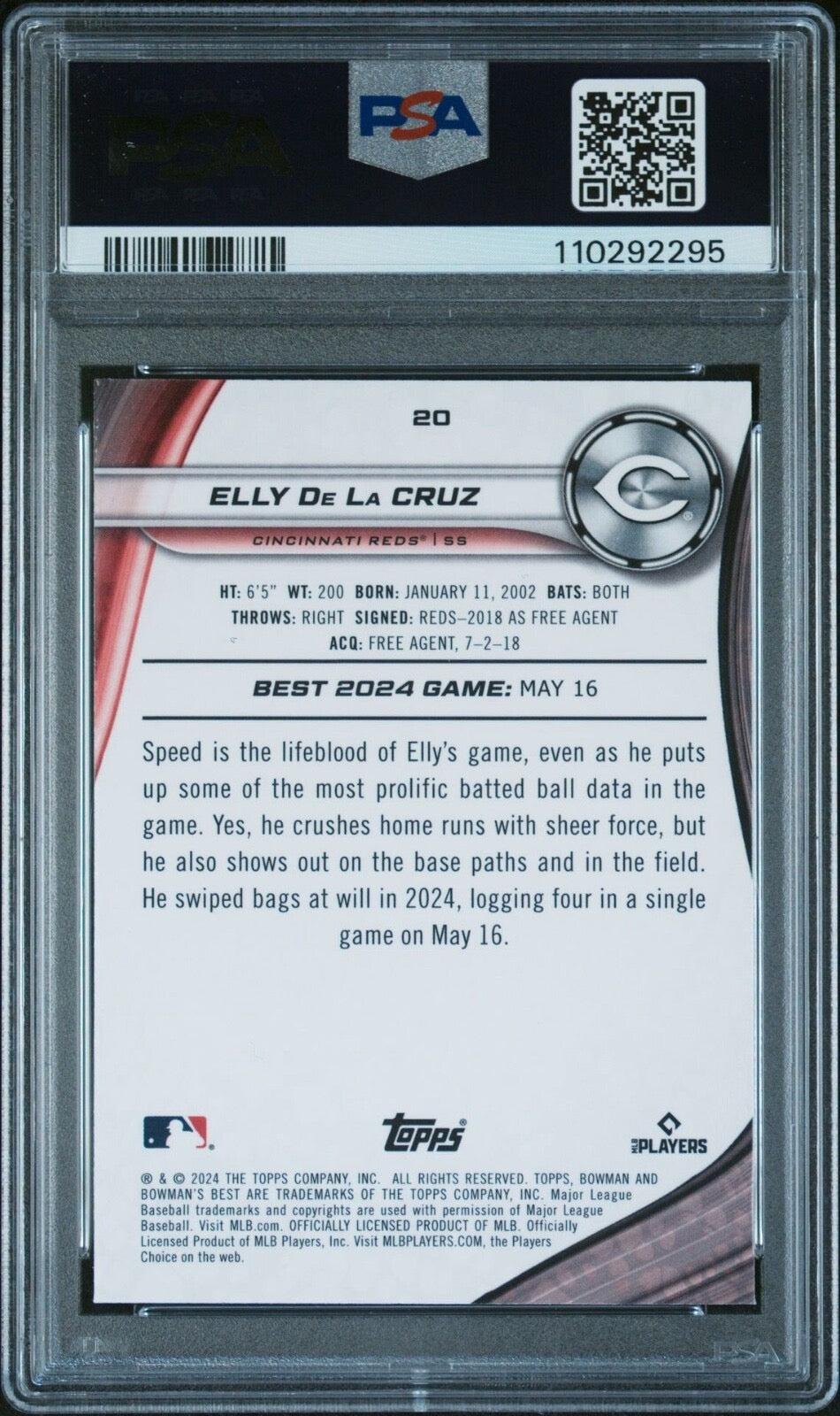 Elly De La Cruz 2024 Bowman’s Best #20 Aqua Lava Refractor /199 RC PSA 10 Rookie