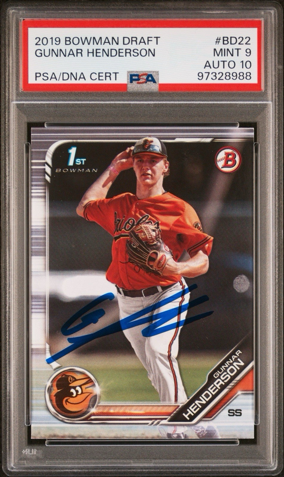 2019 Bowman Draft Gunnar Henderson PSA 9 DNA Auto 10 RC Rookie Orioles 1st