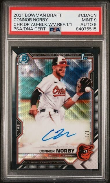 2021 Bowman Draft Connor Norby CDACN Black Wave 1/1 Auto PSA 9 Mint Rookie RC