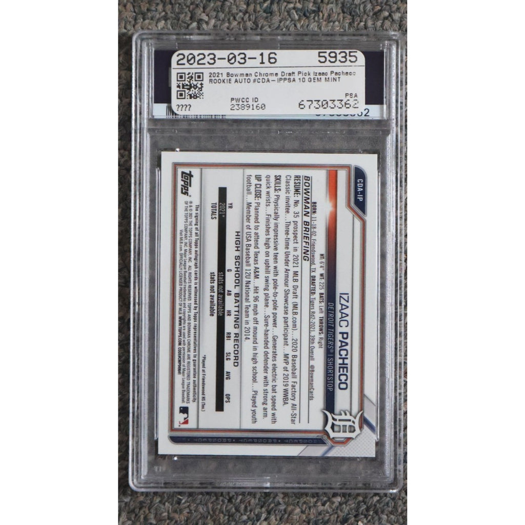 Back view of PSA 10 graded 2021 Bowman Draft Izaac Pacheco Chrome Draft Pick autograph card