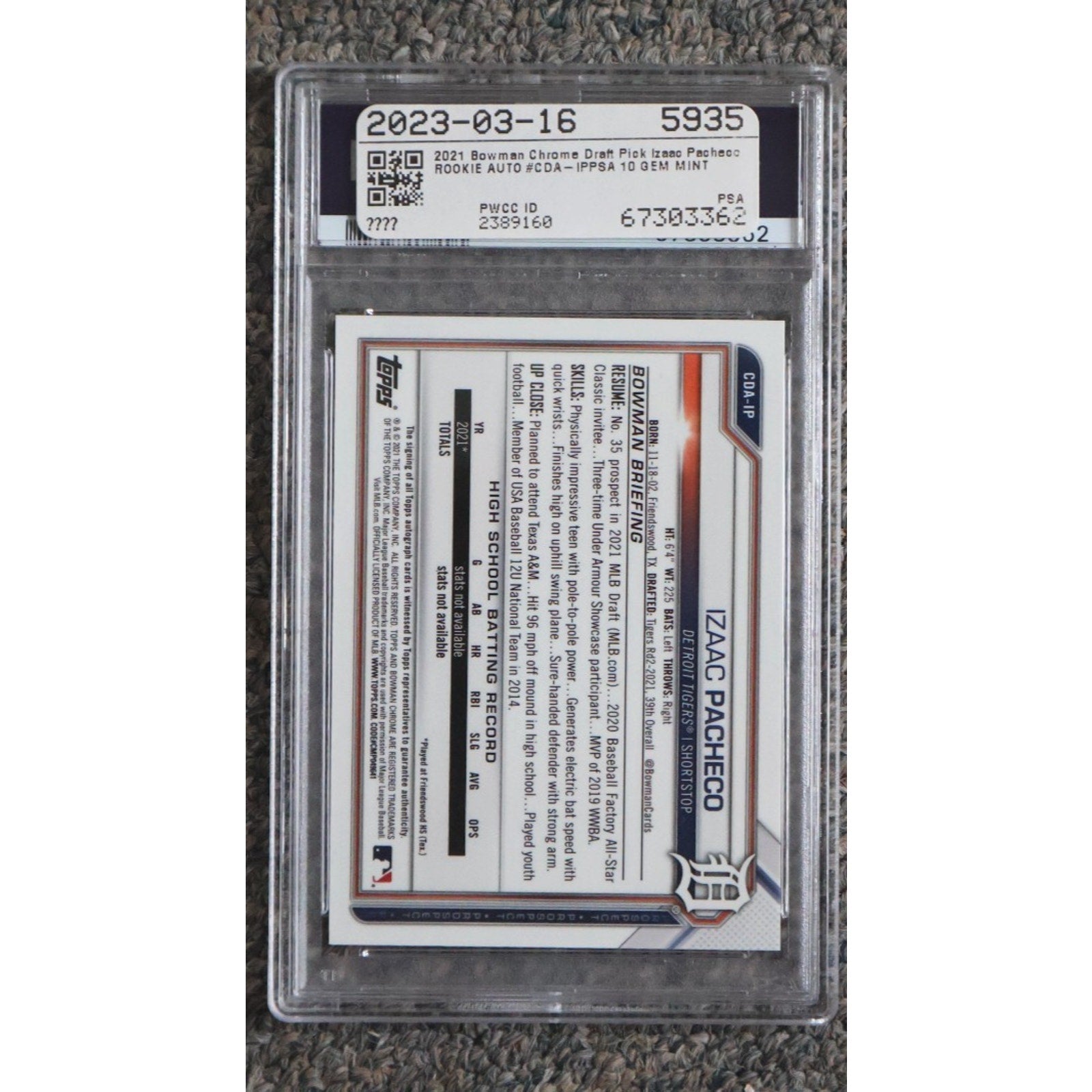 Back view of PSA 10 graded 2021 Bowman Draft Izaac Pacheco Chrome Draft Pick autograph card