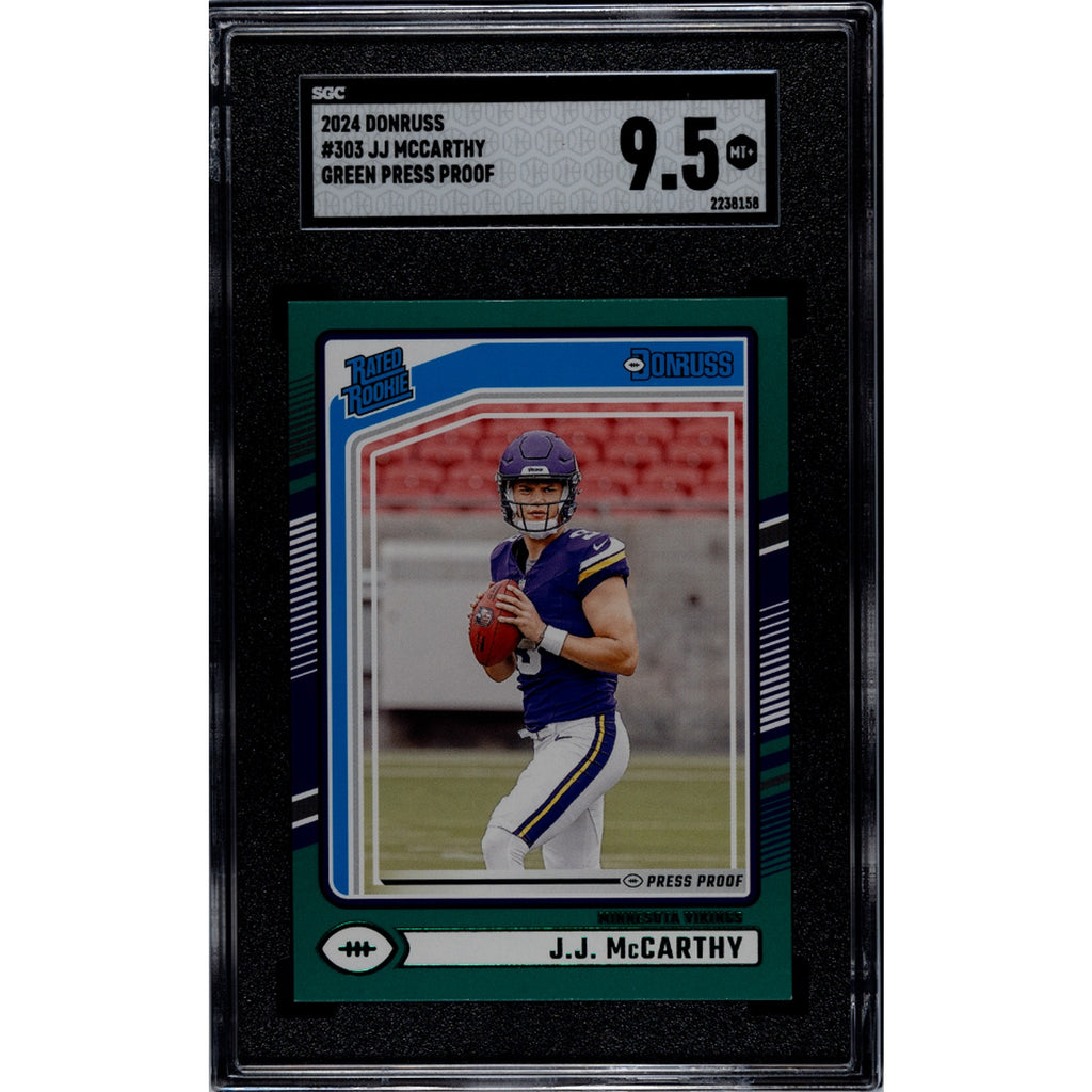 2024 Donruss Rated Rookie JJ McCarthy Green Press Proof rookie card #303 graded SGC 9.5 featuring Minnesota Vikings quarterback