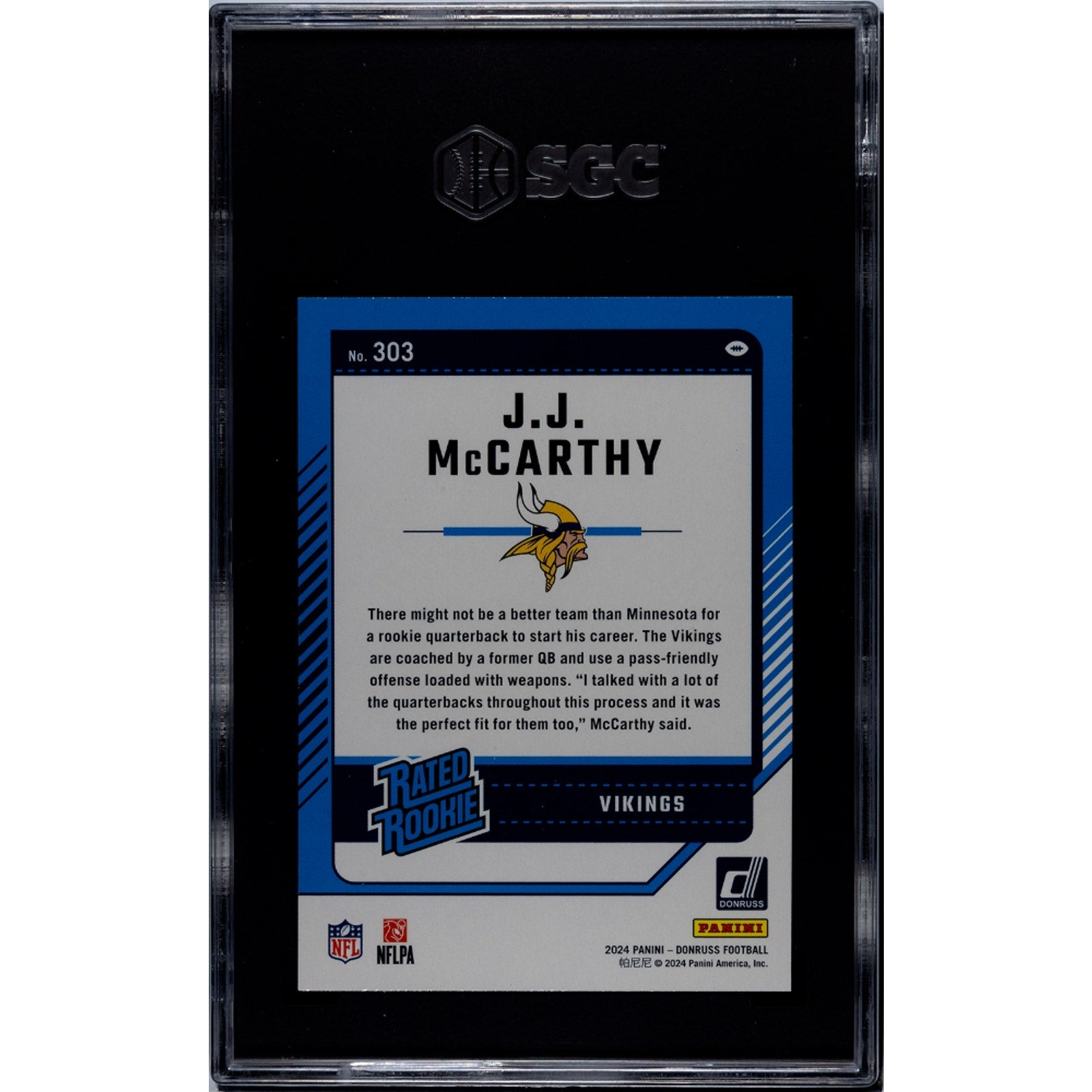Back of 2024 Donruss Rated Rookie JJ McCarthy Green Press Proof rookie card #303 graded SGC 9.5