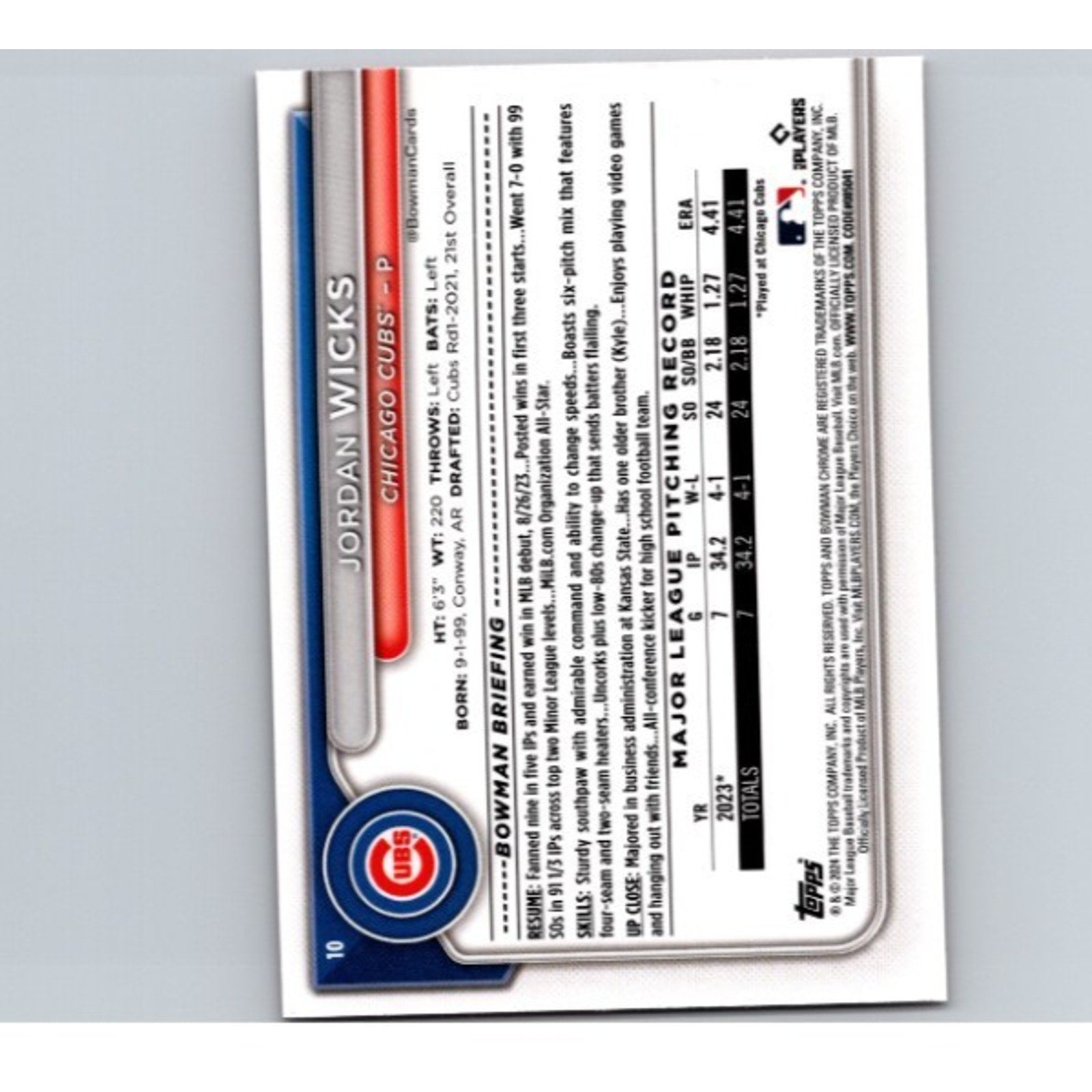 Back view of Jordan Wicks 2024 Bowman Chrome Sapphire Orange rookie card