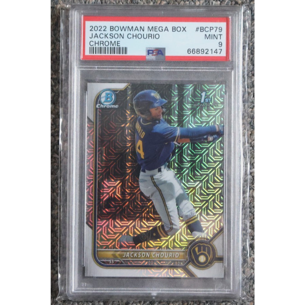 2022 Bowman Chrome Draft Jackson Chourio 1st Mega Box rookie card #BCP-79 graded PSA 9 featuring Milwaukee Brewers prospect with mojo refractor pattern