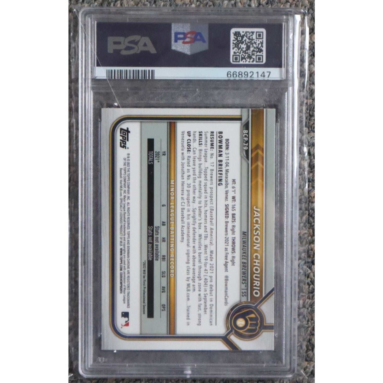Back view of PSA 9 graded 2022 Bowman Chrome Draft Jackson Chourio Mega Box rookie card #BCP-79