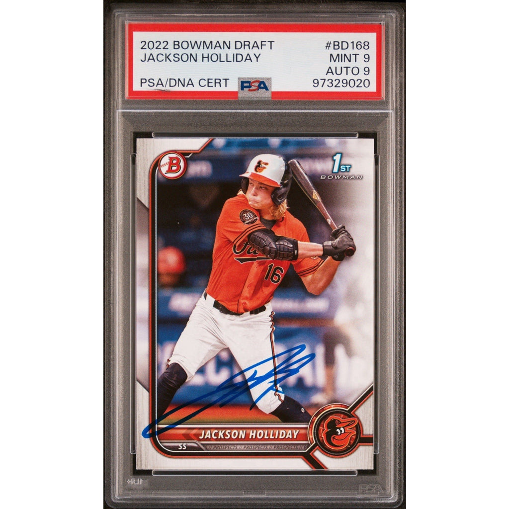Angled front view of Jackson Holliday signed Bowman Draft rookie card in PSA holder
