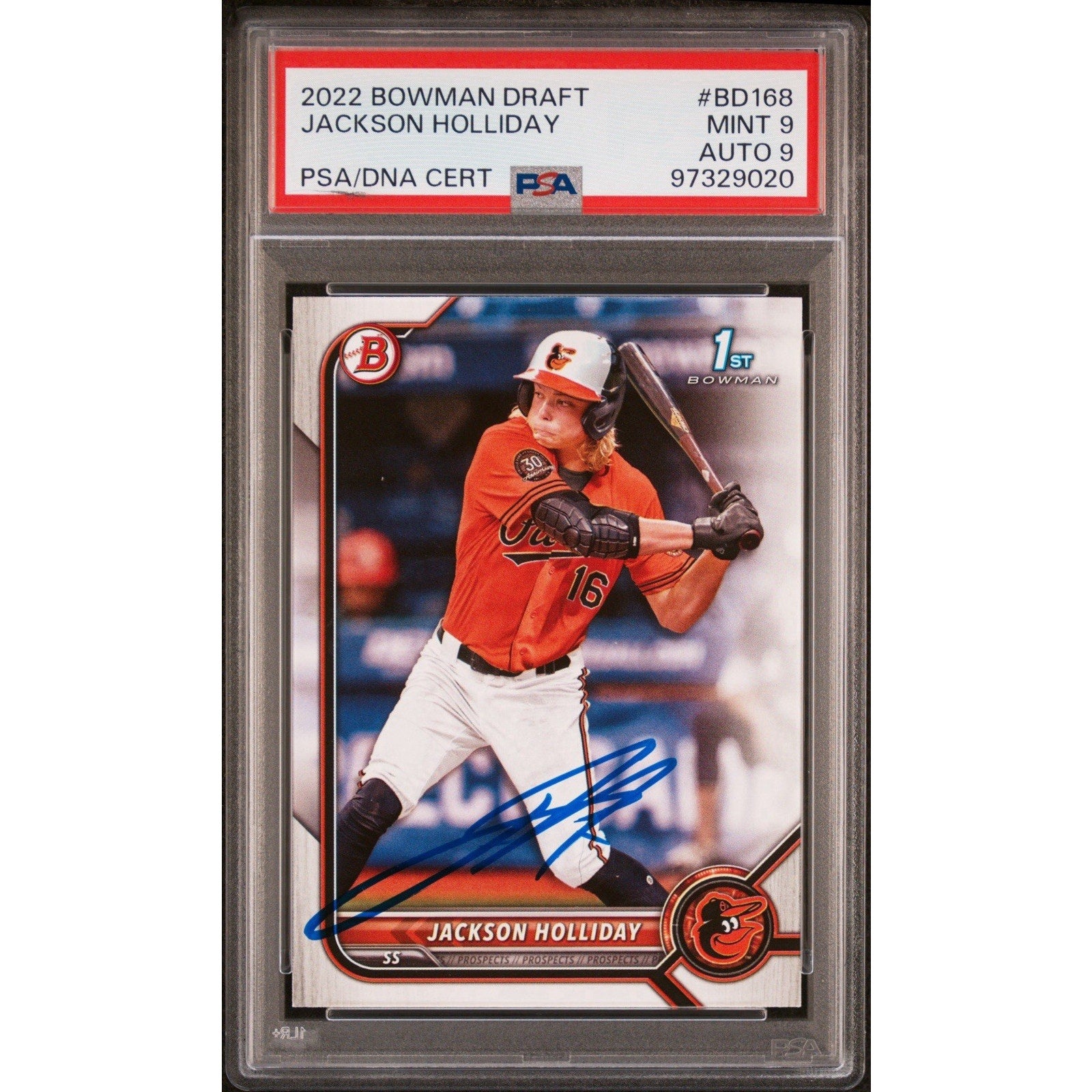 Angled front view of Jackson Holliday signed Bowman Draft rookie card in PSA holder