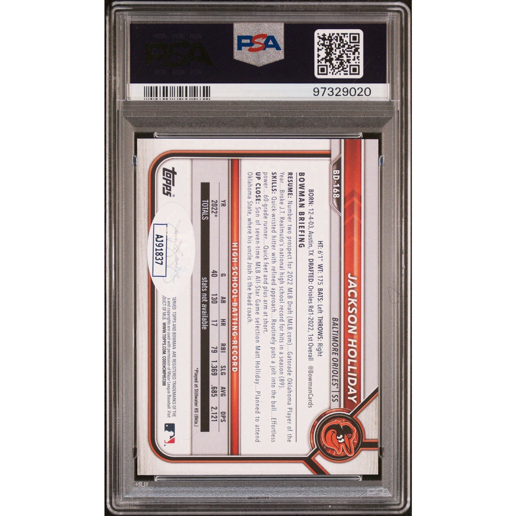 Rear label and certification view of PSA authenticated Jackson Holliday autograph card