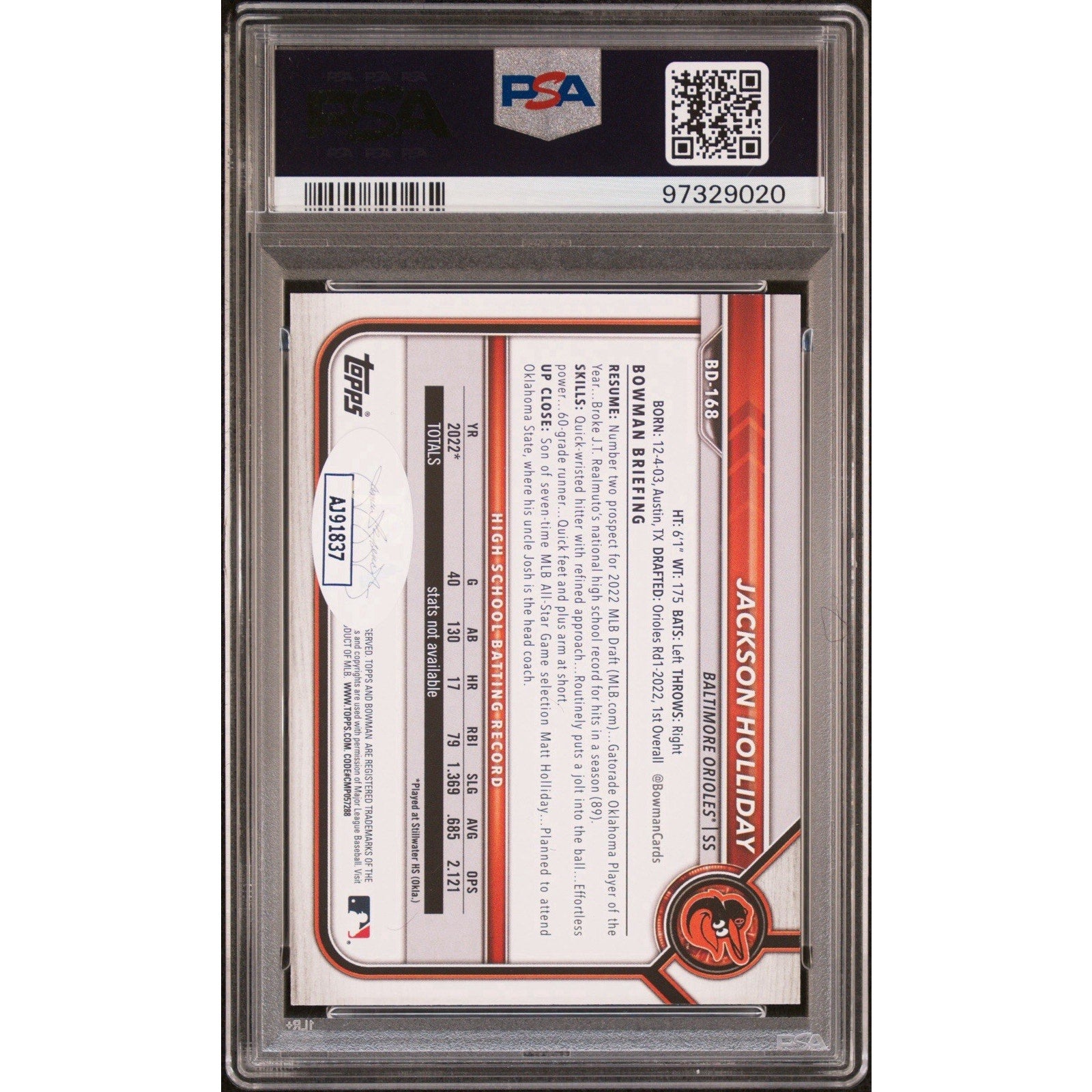 Rear label and certification view of PSA authenticated Jackson Holliday autograph card