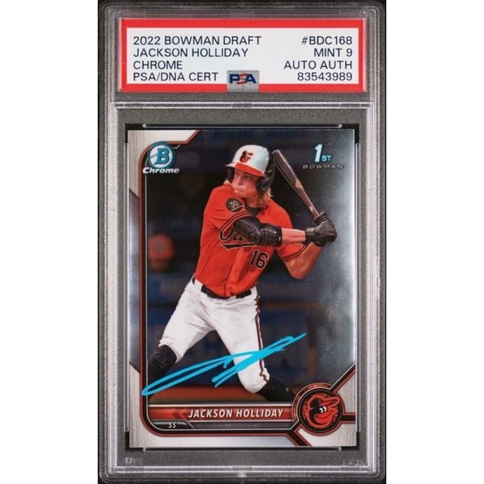 Jackson Holliday 2022 1st Bowman Draft Chrome BDC-168 PSA 9 Auto Orioles front