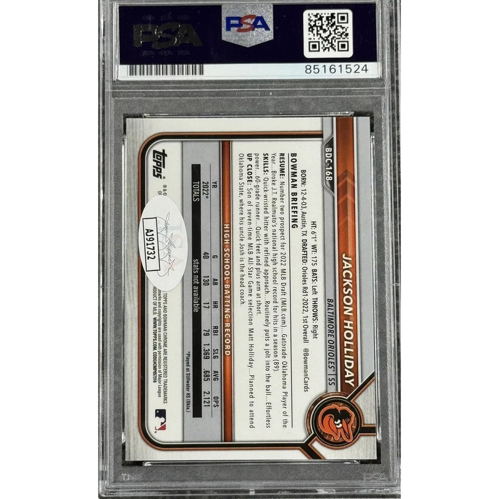 Back view of 2022 Bowman Draft Chrome Jackson Holliday autograph card BDC168 PSA DNA authenticated