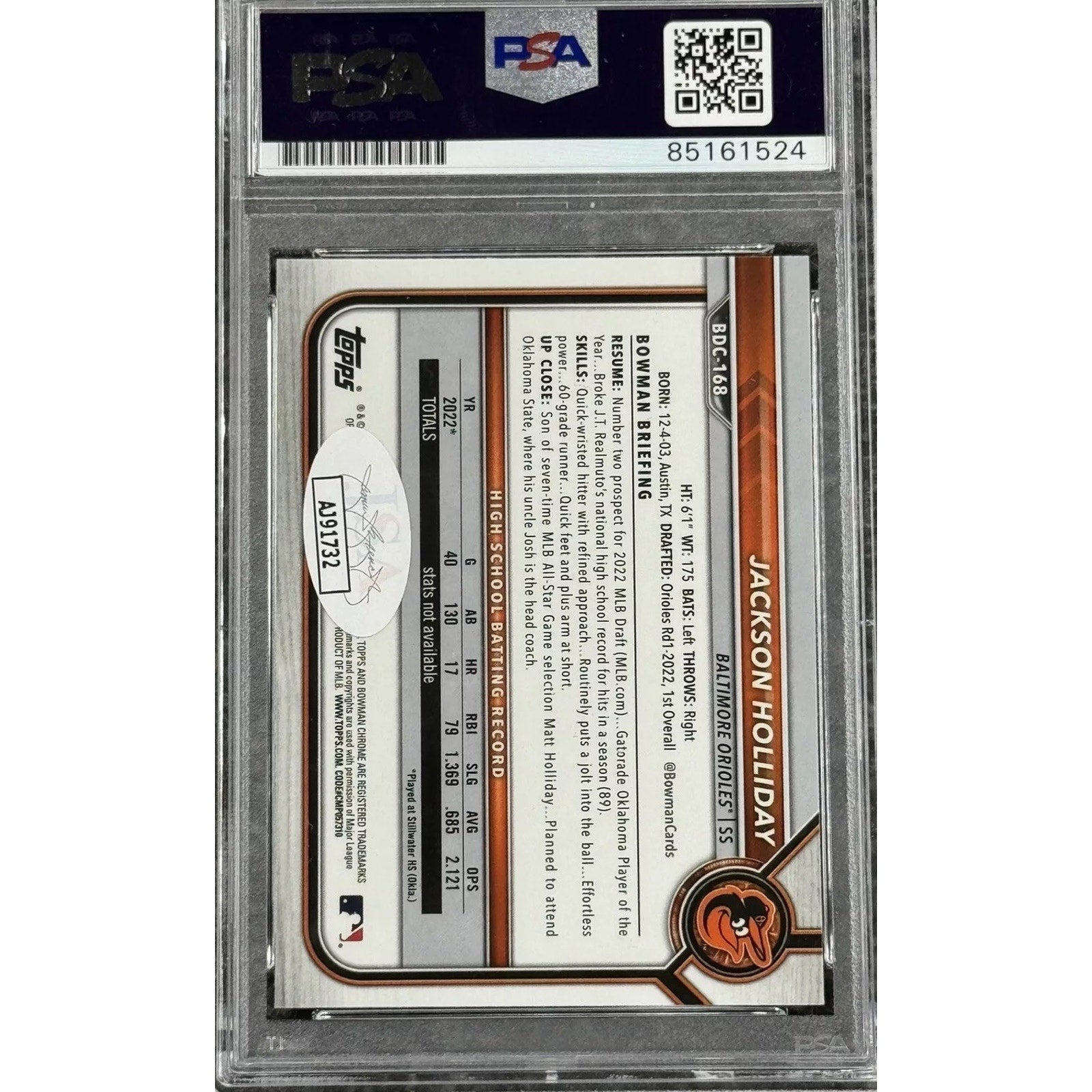 Back view of 2022 Bowman Draft Chrome Jackson Holliday autograph card BDC168 PSA DNA authenticated