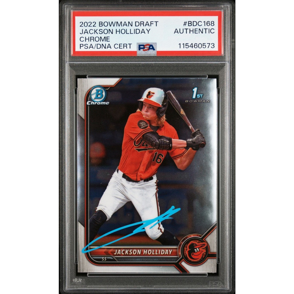 2022 Bowman Draft Chrome Jackson Holliday 1st Bowman rookie autograph card #BDC-168 PSA DNA authenticated Baltimore Orioles collectible