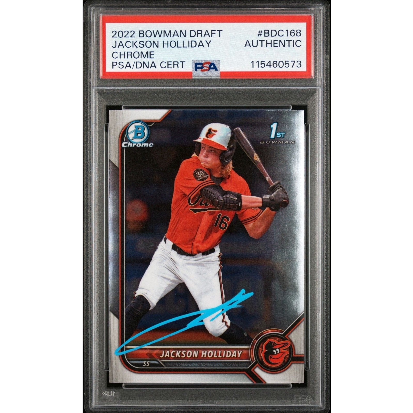 2022 Bowman Draft Chrome Jackson Holliday 1st Bowman rookie autograph card #BDC-168 PSA DNA authenticated Baltimore Orioles collectible
