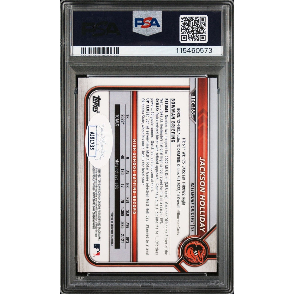 Back of 2022 Bowman Draft Chrome Jackson Holliday rookie auto card #BDC-168 authenticated and encapsulated by PSA DNA