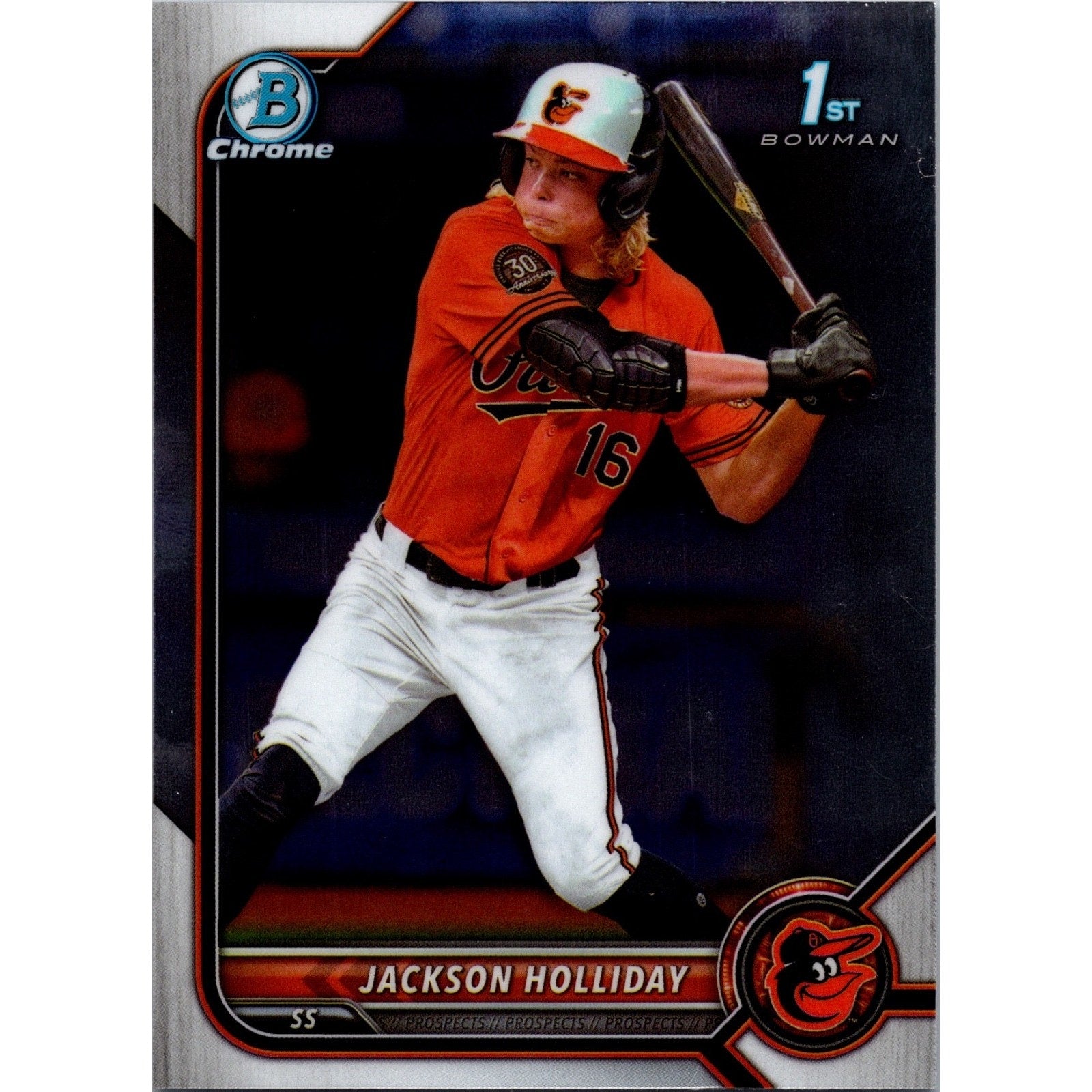 2022 Bowman Draft Chrome Jackson Holliday 1st Bowman rookie card #BDC-168 featuring Baltimore Orioles prospect in batting stance