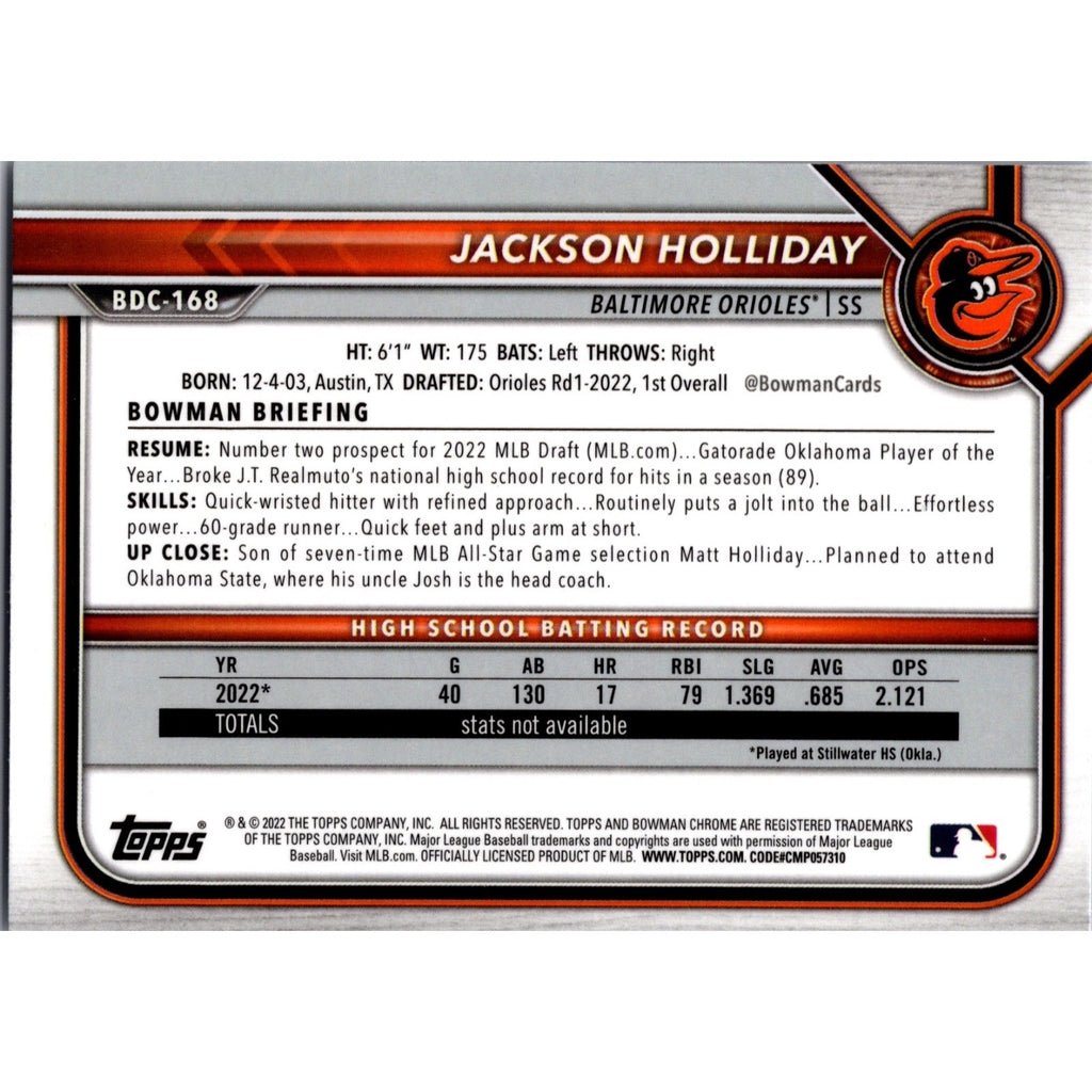Back of 2022 Bowman Draft Chrome Jackson Holliday 1st Bowman rookie card #BDC-168 Baltimore Orioles collectible