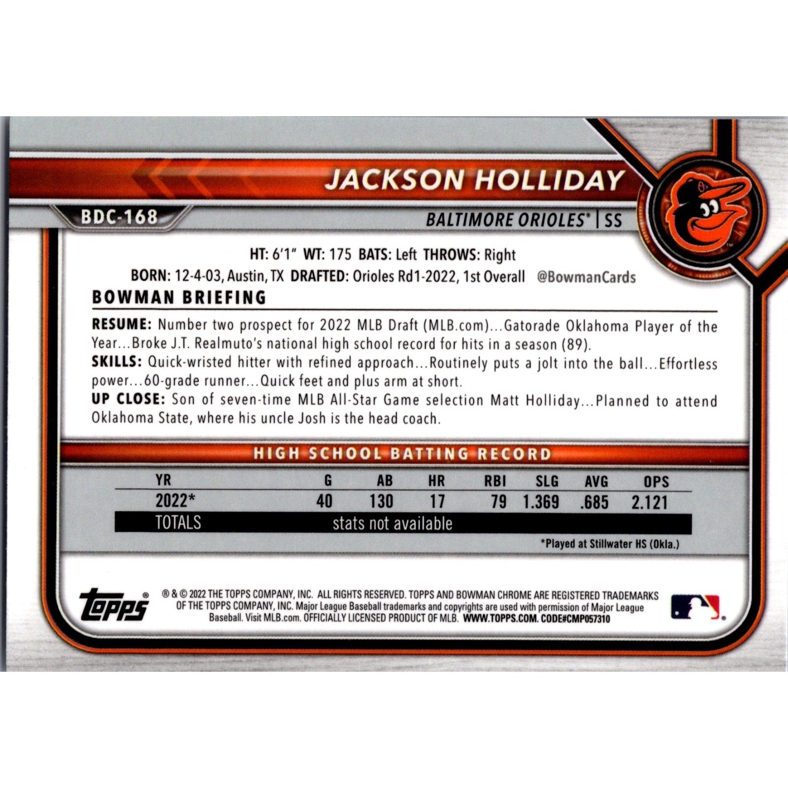 Back of 2022 Bowman Draft Chrome Jackson Holliday 1st Bowman rookie card #BDC-168 Baltimore Orioles collectible