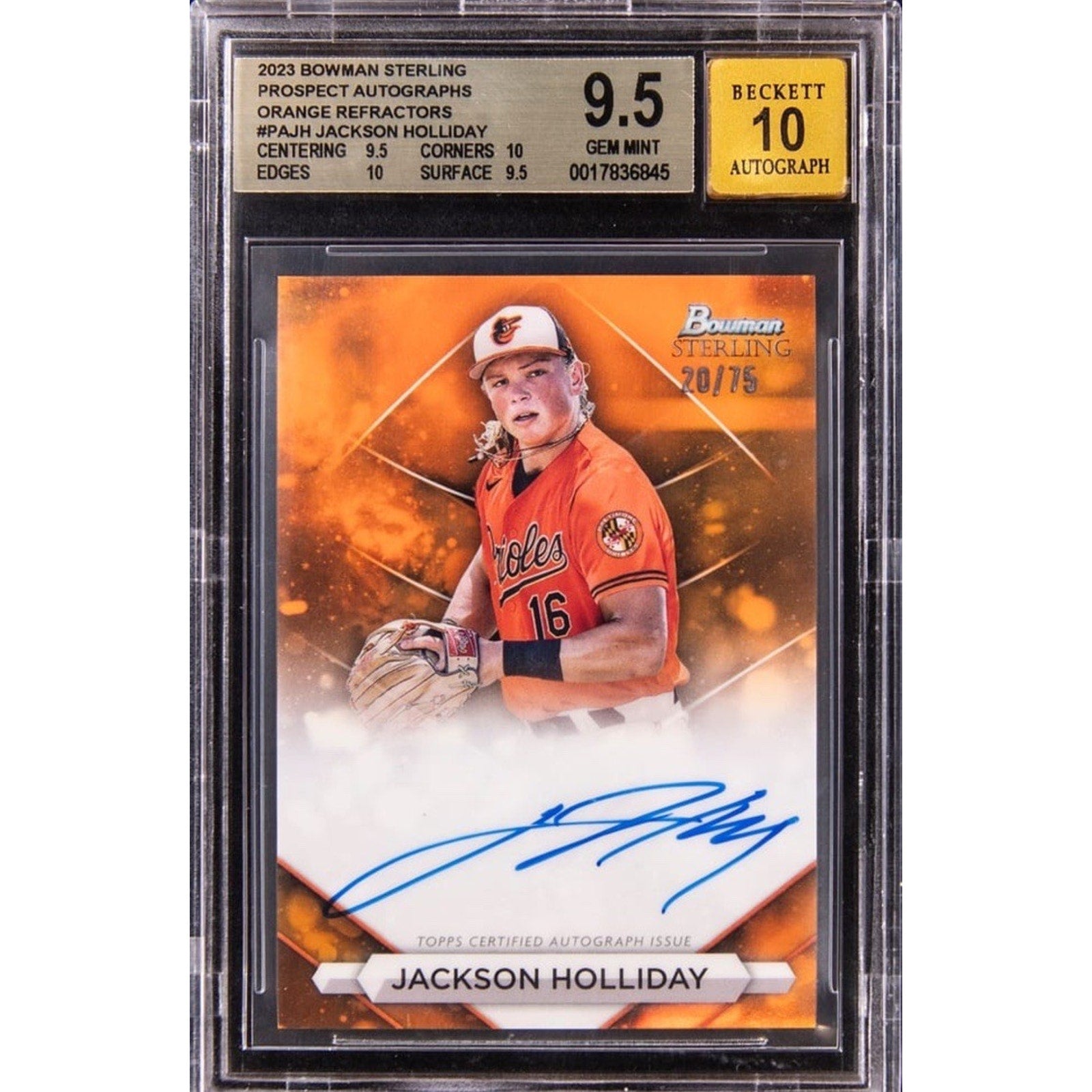 2023 Bowman Sterling Jackson Holliday rookie Orange Refractor autograph #PA-JH /75 BGS 9.5 Beckett 10 Auto baseball card front view