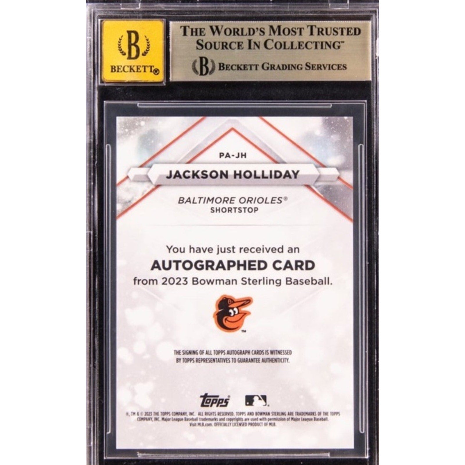 Back view of 2023 Bowman Sterling Jackson Holliday Orange Refractor rookie auto /75 graded BGS 9.5 with Beckett 10 autograph