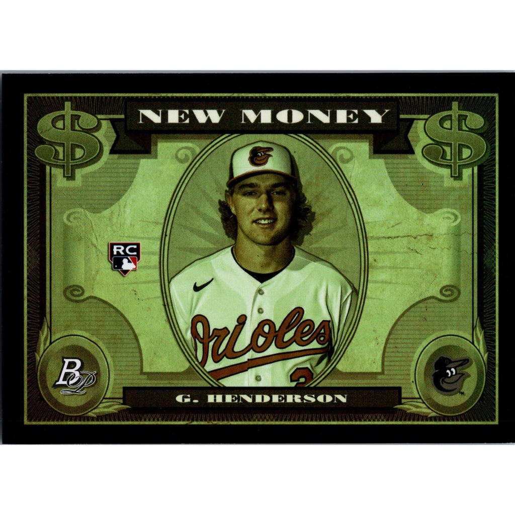 2023 Bowman Platinum Gunnar Henderson New Money rookie card featuring Baltimore Orioles prospect and money-themed design