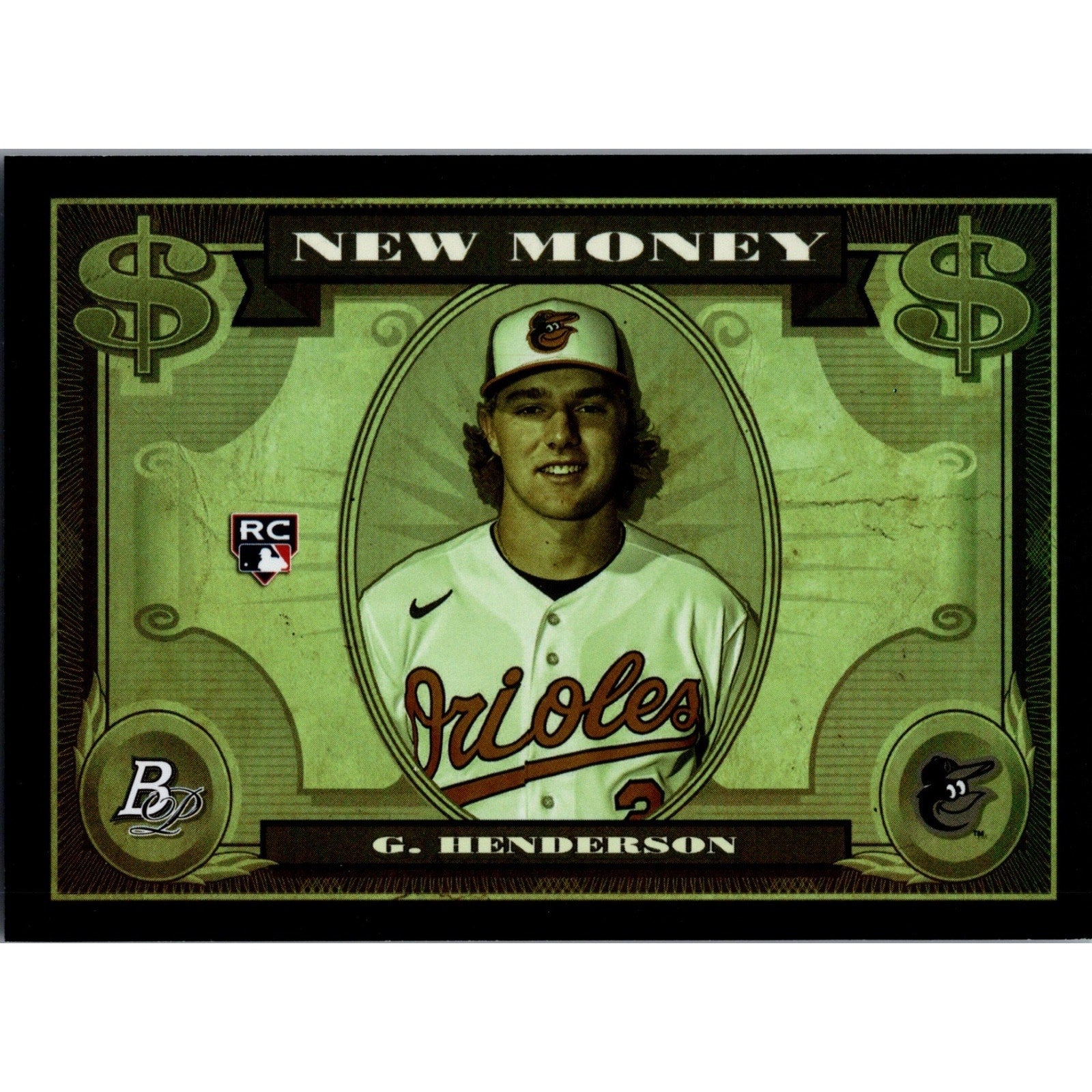 2023 Bowman Platinum Gunnar Henderson New Money rookie card featuring Baltimore Orioles prospect and money-themed design