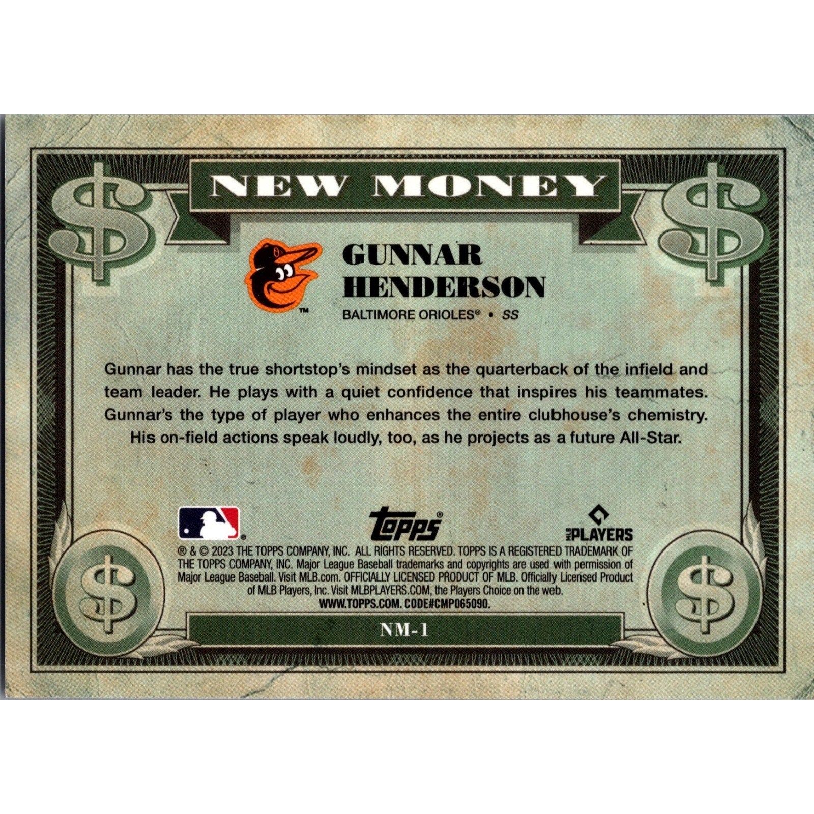 Back of 2023 Bowman Platinum Gunnar Henderson New Money rookie card with player information and statistics