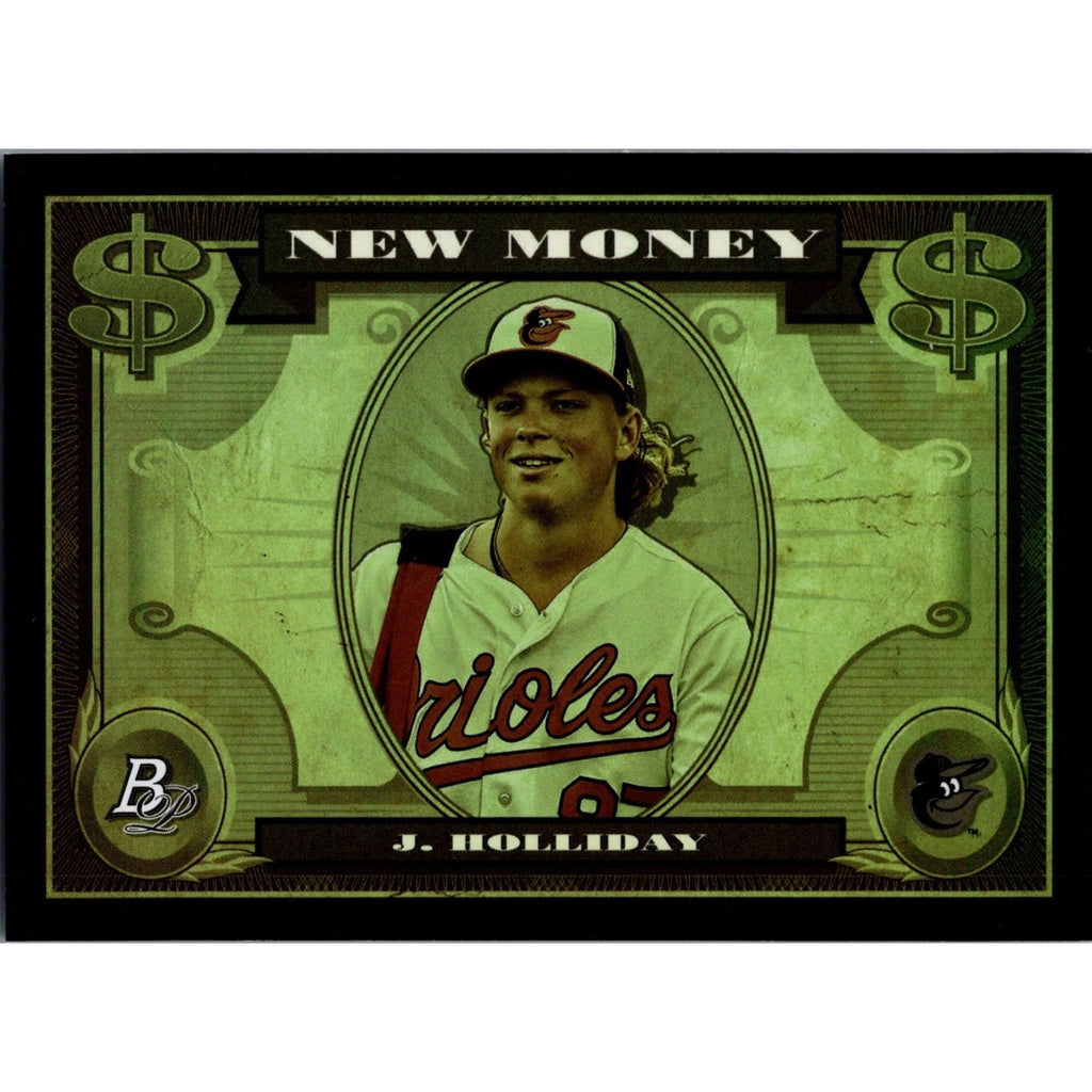 Front close-up of Gunnar Henderson Bowman Platinum New Money insert rookie card for Baltimore Orioles collectors