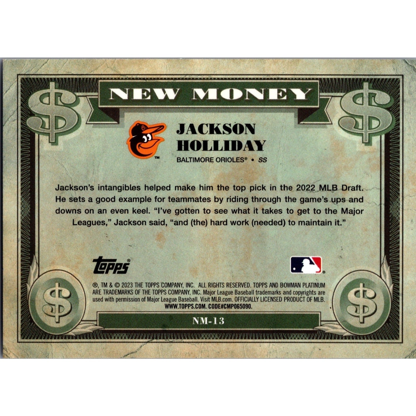 Rear view of 2023 Bowman Platinum New Money Gunnar Henderson rookie baseball trading card