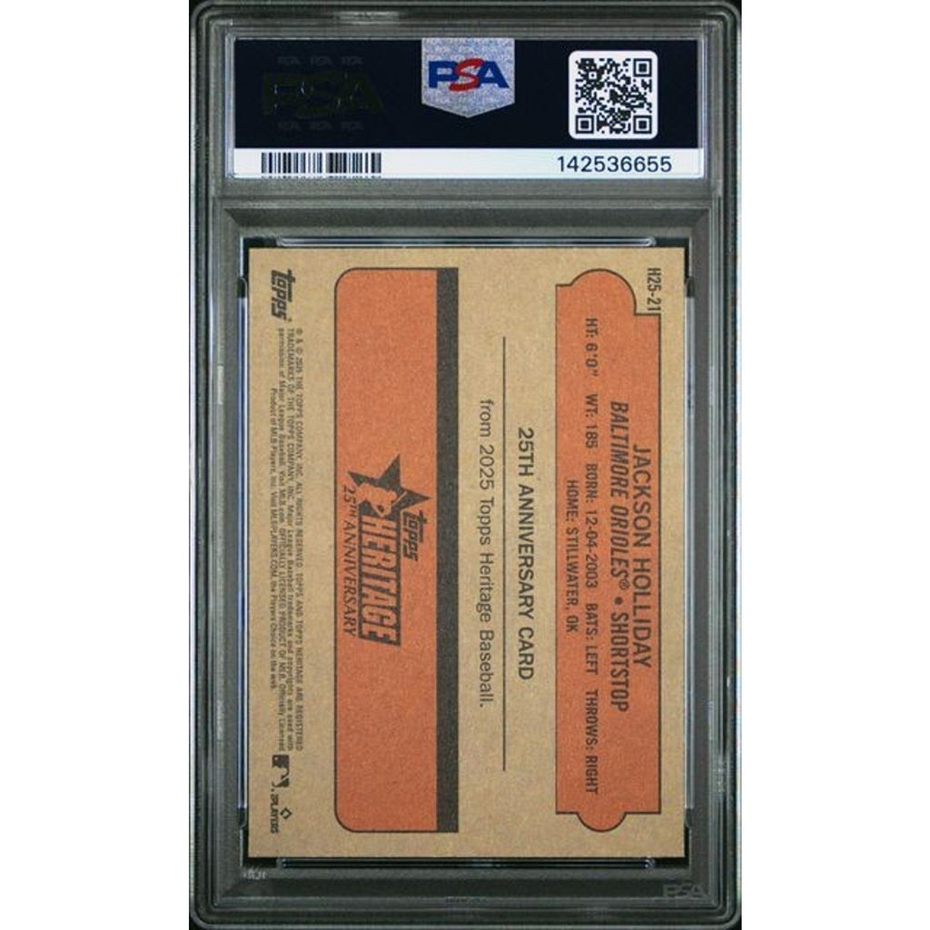 Back of PSA-graded Jackson Holliday 2025 Topps Heritage 25th Anniversary card with player information and grading label